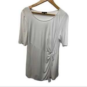 VISION 155 WHITE ASYMMETRICAL LONG LINE GATHERED TWIST SS STRETCHY BLOUSE